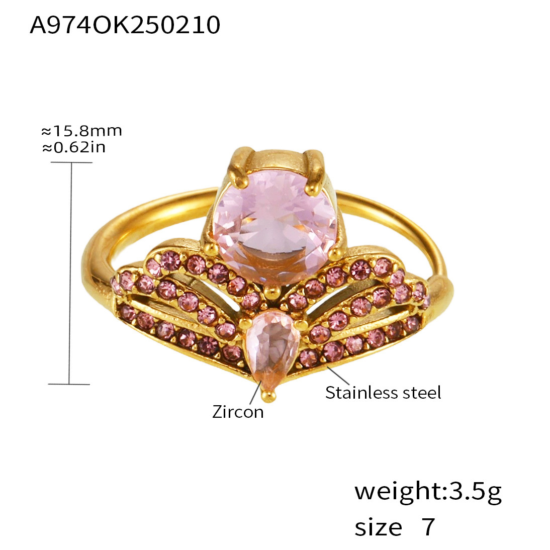 A974- Anillo de circonita rosa dorado