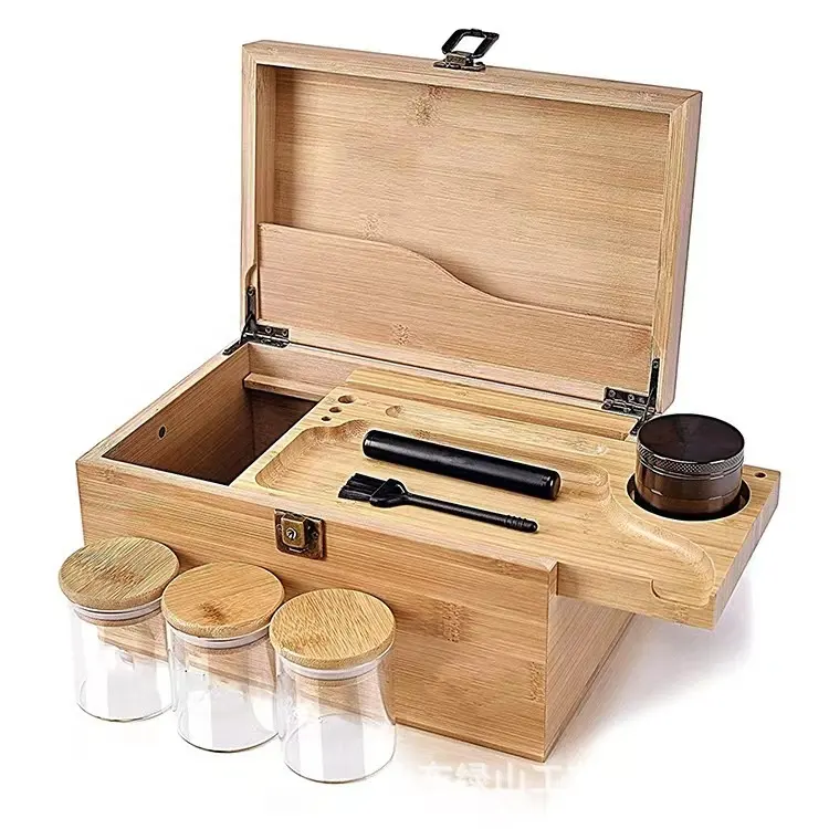 Fabricant Fournisseur Organisateur Boîte de rangement Odeur Kit d'accessoires pour fumeurs en bois Boîte de rangement en bambou avec plateau roulant