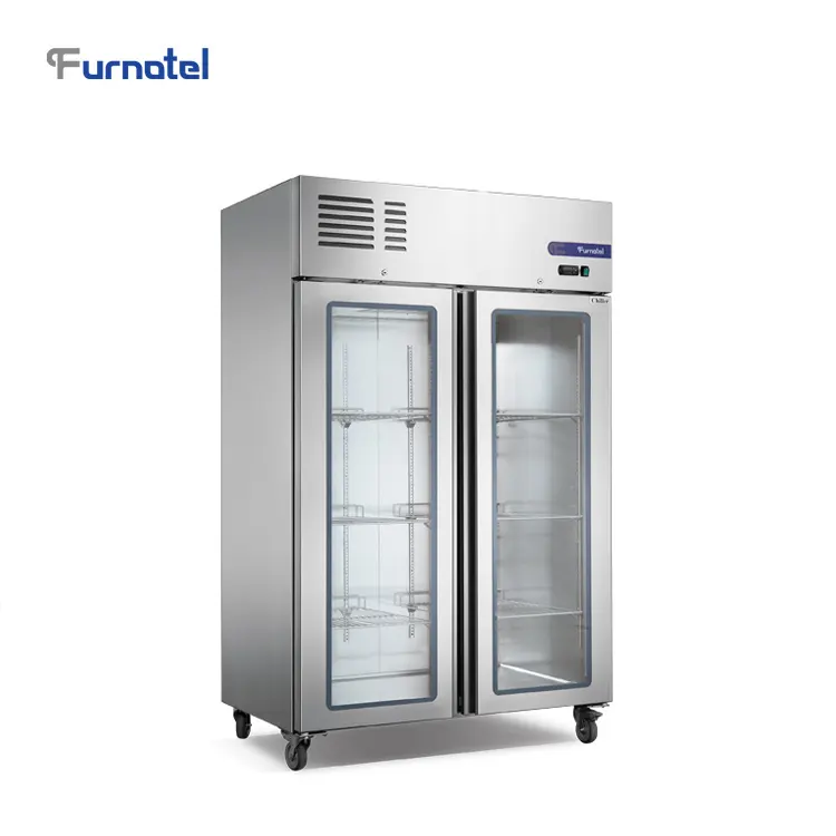 Refrigerador Vertical de acero inoxidable, 1200L, doble puerta de vidrio, comercial, de lujo, para Cocina