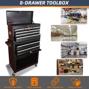 8个抽屉滚动工具柜4轮大容量工具箱，带锁车库仓库工具柜