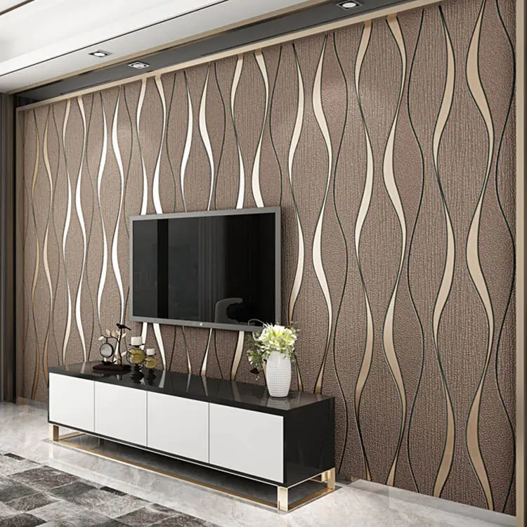 Modern minimalist 3D water wave pattern non-woven wallpaper with curved deer skin velvet TV background wall wallpaper
