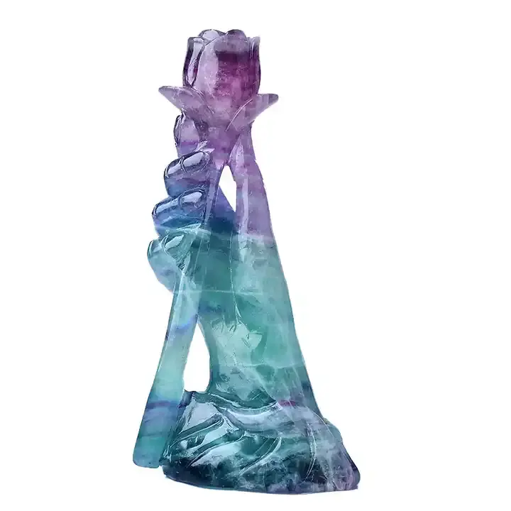 Artigianato di cristallo intagliato a mano rose di fiori intaglio pietra naturale fluorite rosa in mano per la decorazione domestica