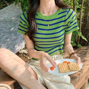 3681 Real Shot Ice Silk Knitwear Striped T-shirt Women Short Sleeve 2024 New Summer Is Shoulder Top Ins