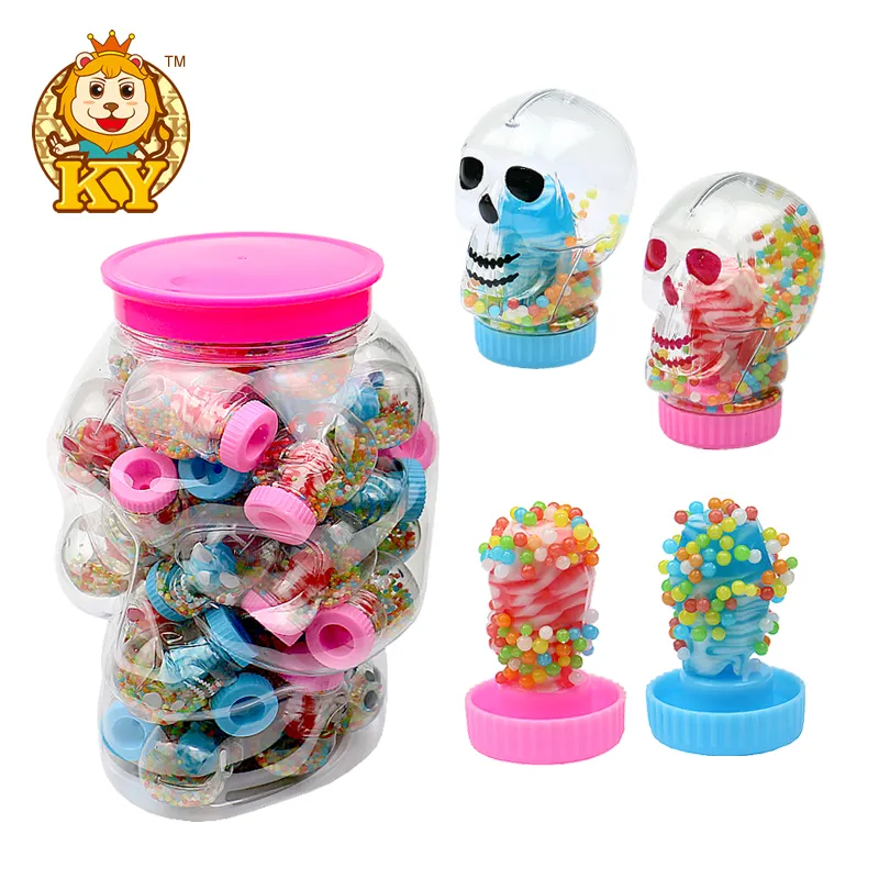 Proveedor de dulces al por mayor personalizado Halloween cráneo cabeza pezón caramelo duro piruleta con mini bola de caramelo