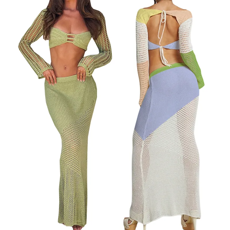 Mais recente menina verão de malha vestido de praia fornecedor praia designer maiô oco colheita superior e saia conjunto de biquíni sexy crochê