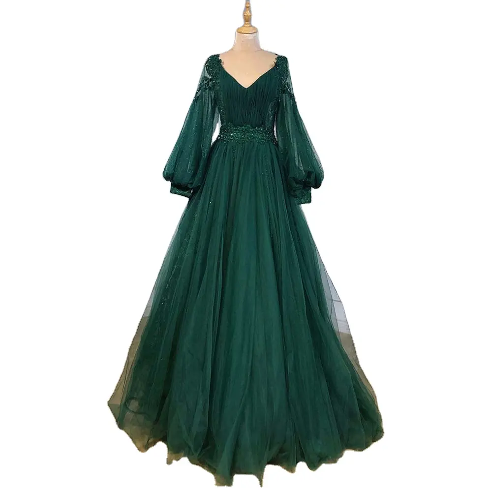 Vestidos de Noche de manga larga para mujer, vestidos elegantes de fiesta con cuentas, línea A, cuello de pico, Serene Hill LA71477, color verde, 2023