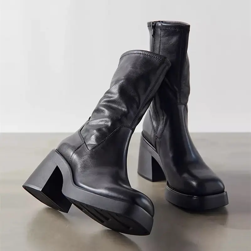 Xinzirain Custom 2023 Latest Ladies Thick Sole Boots Solid Black Leather High Stretch Women Platform Boots