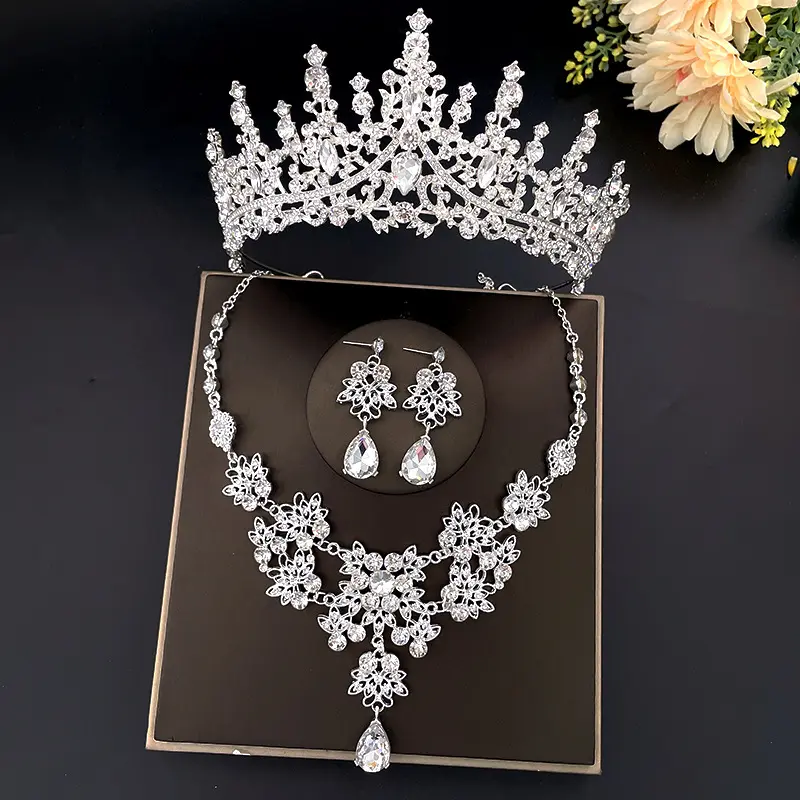 Conjunto 3pcs de colar de cristal, cabeça de noiva jóias tiara coroa noiva conjunto de tiaras e coroa para casamento feminino