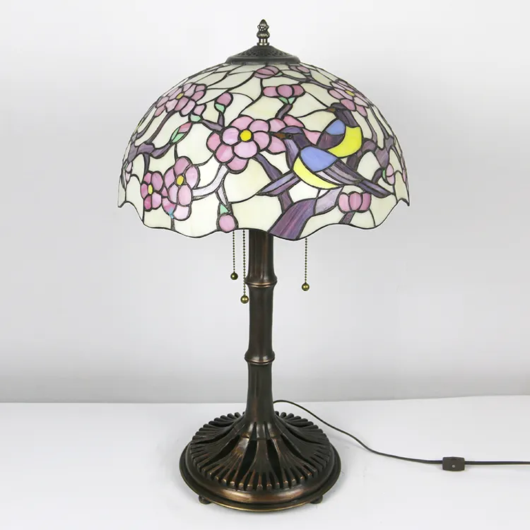 LongHuiJing 16 pulgadas grande Tffany lámpara de mesa pájaro vidriera pantalla decoración del hogar iluminación Base de cobre