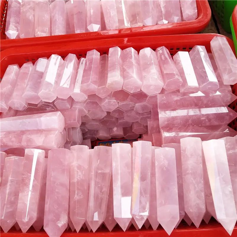 Baguettes à quartz de Rose poli naturel, tour à Points en cristal, de haute qualité, vente en gros, pièces