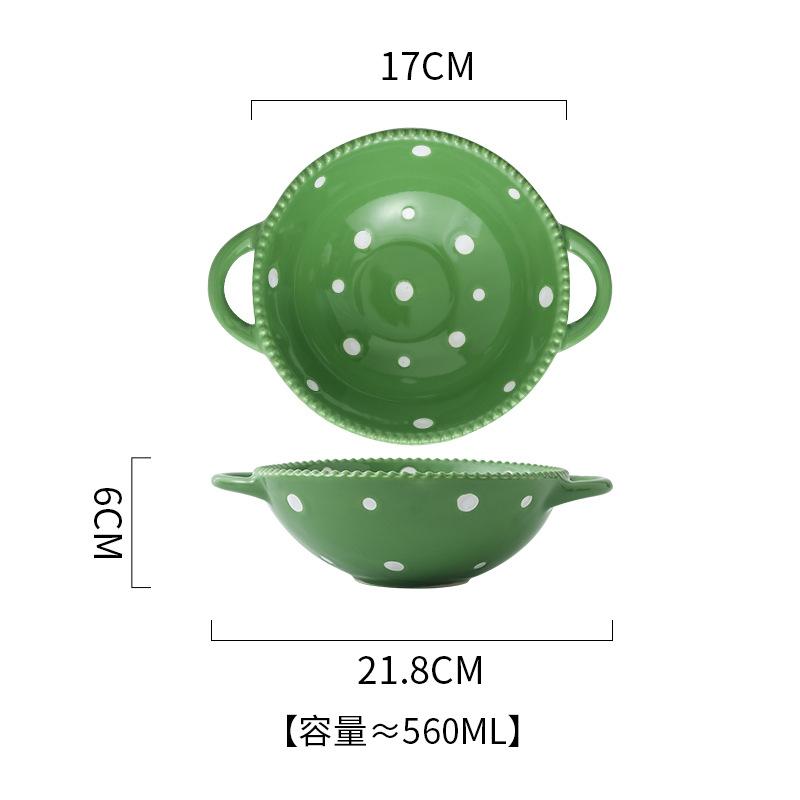 Bol à soupe à pois, à deux oreilles et orné de perles, vert.