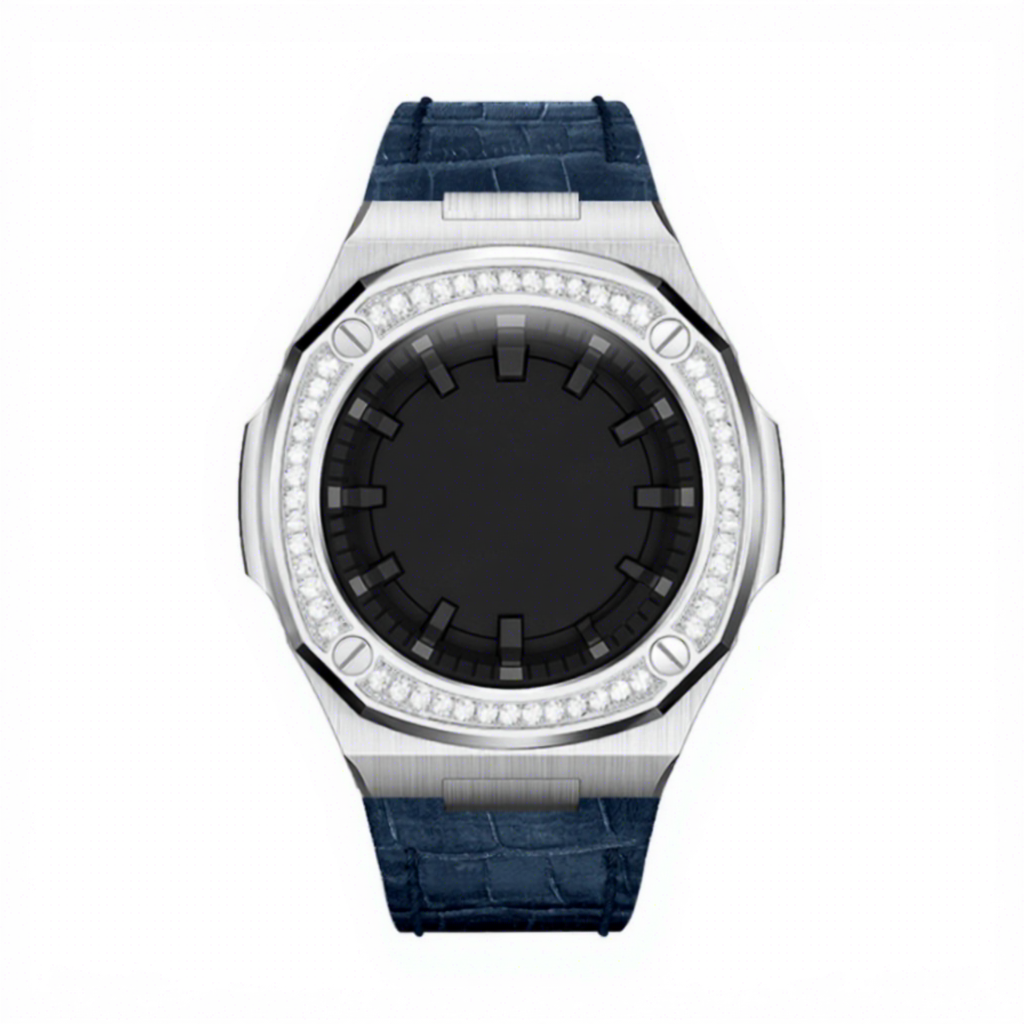 Silver case+ dark blue leather band
