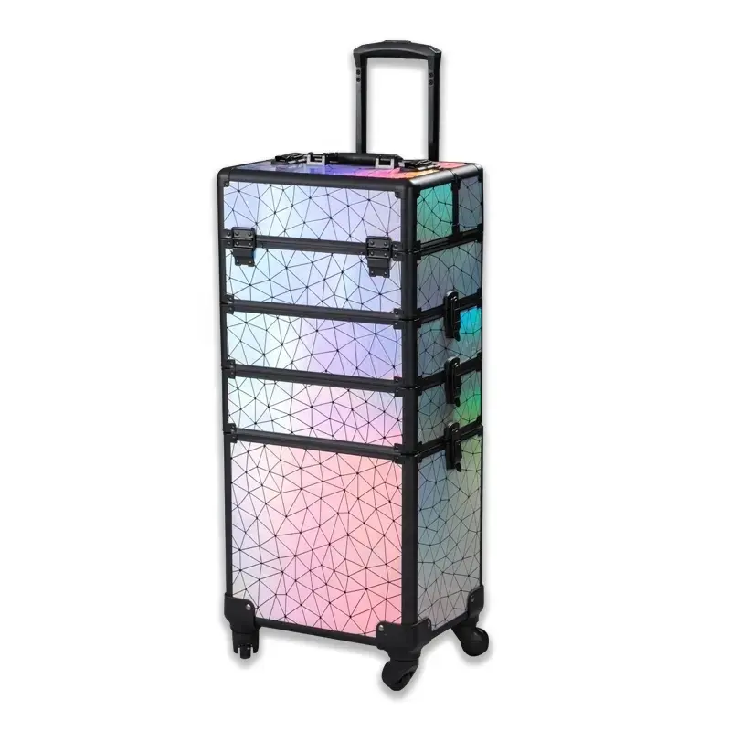 New Design Laser Makeup Train Case Organizer Professional Portable Traveling Aluminum Makeup Hairdressing Trolley Suitcase