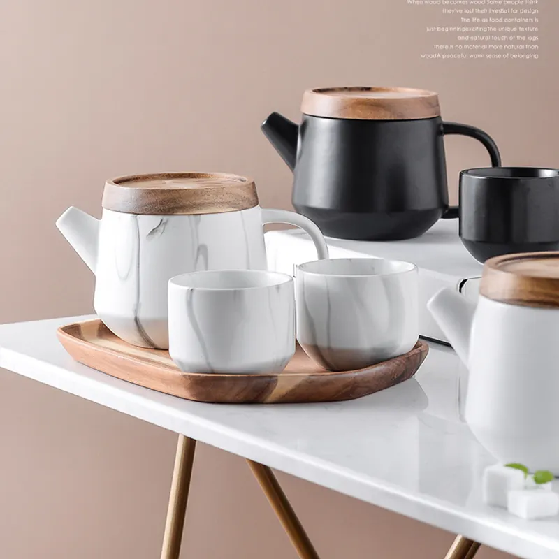 Bule de chá de mármore com vidro, bule para chá de cerâmica nórdica à tarde, conjunto de xícara de chá com bandeja para cozinha com filtro da família