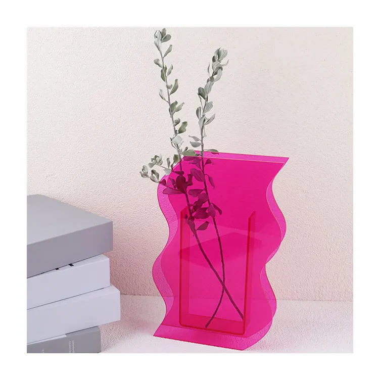 Vaso di fiori in acrilico rosa per la decorazione della stanza estetica, vaso decorativo in plastica con onde curve irregolari per camera da letto, tavolo da soggiorno