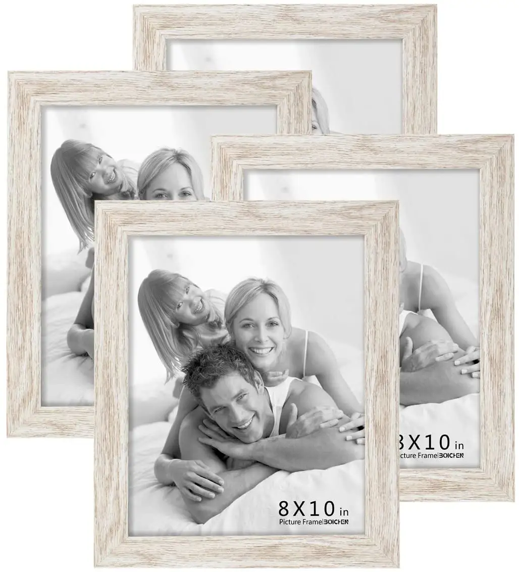 Marcos de fotos de 8x10 (paquete de 4), marco de madera de granja lavada en blanco rústico, marco de fotos con cubierta de vidrio lista para colgar o soporte