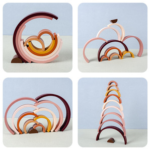 Early Education Supply Colorful Bridge <strong>Pattern</strong> Learning Tower Game Arch Wooden Puzzle Stacking Toy <strong>Building</strong> Kids Rainbow <strong>Block</strong>