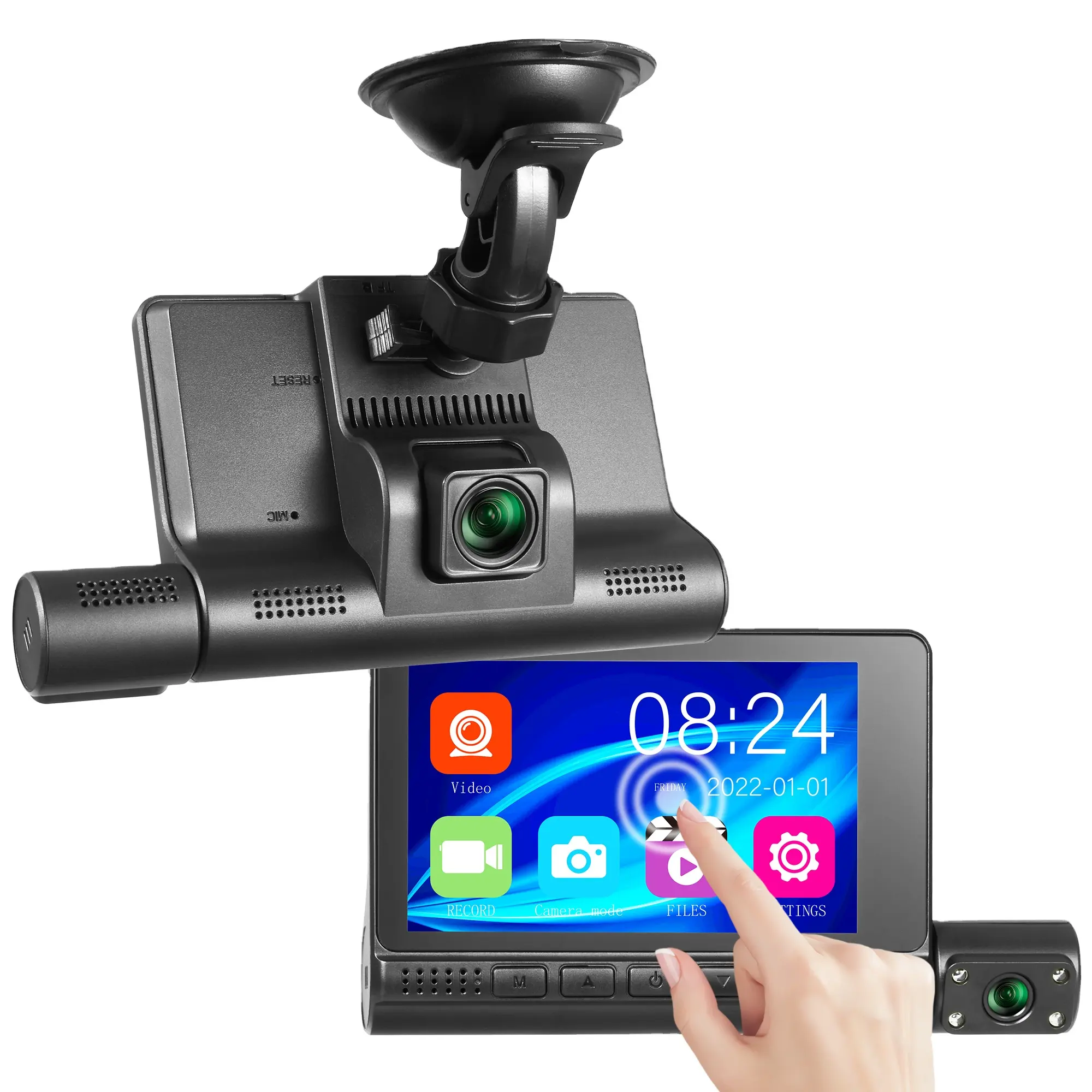Gravador de vídeo 4 em 4 para carro, gravador de vídeo com 3 lentes, touch screen, câmera preta, ips 1080p hd, carro, gravador