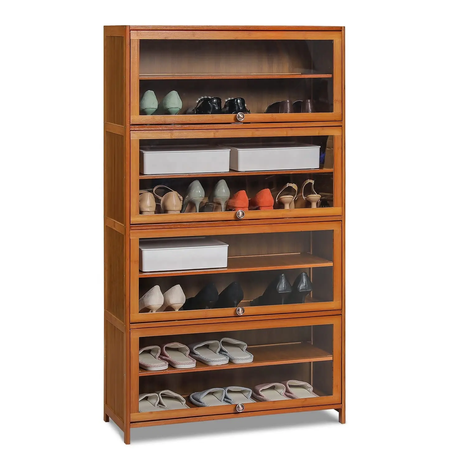 Armario de almacenamiento de zapatos con puertas acrílicas, estante de exhibición de bambú, soporte organizador