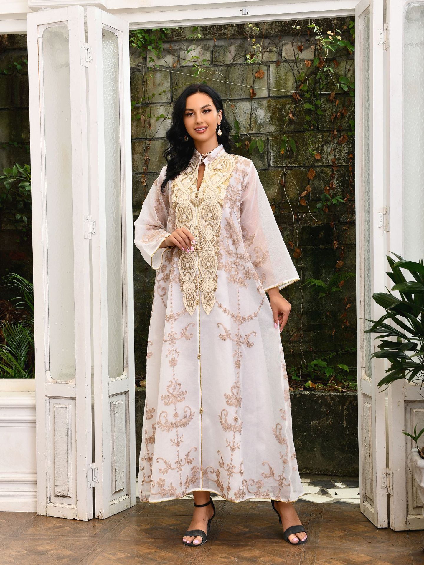 Dubai Arab Eid Al Fitr Middle East Gold Sequin Floral Embroidered Muslim Woman White Yarn Jalabiya Maxi Long Knee Length Dress