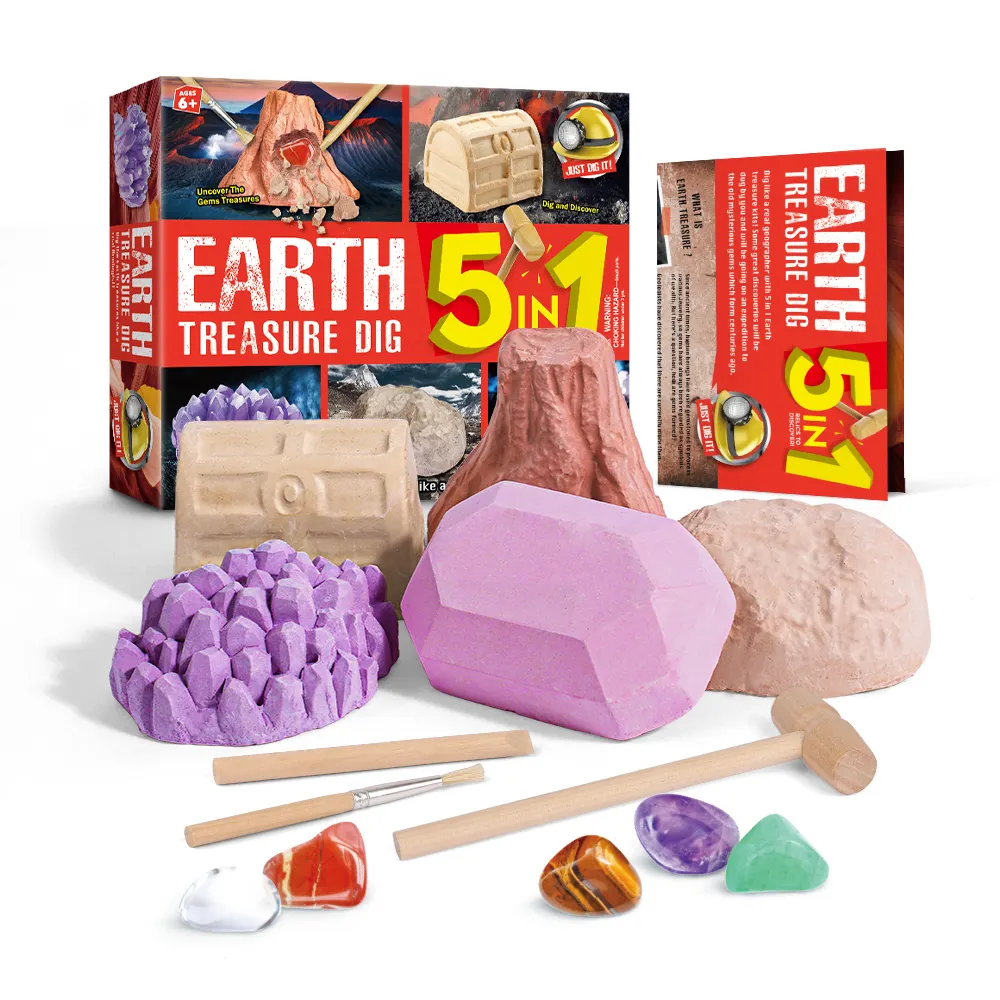 DIY 5 en 1 regalo para niños colección de piedra ecológica educativa para niños tesoro de la tierra cavar gemas Kit de excavación juguete de excavación de rocas