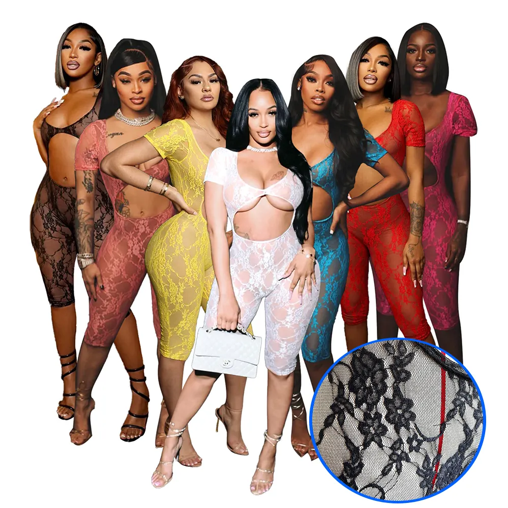 2024 Frühjahr Ausgehöhlt Spitzen durchsichtig Bodycon Jumpsuit Strampler Damen ärmellos Rückenfrei sexy Party Club Einteiliger Overall