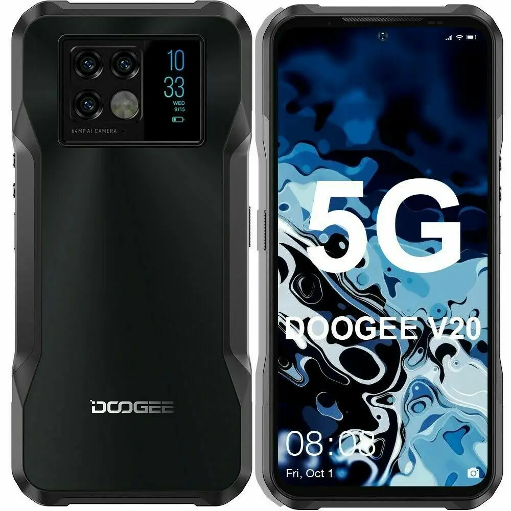 DOOGEE V20 5G 6.43 "FHD AMOLED ekran yenilikçi arka ekran sağlam telefon 8 + 256GB 64MP kamera 6000mAh telefon