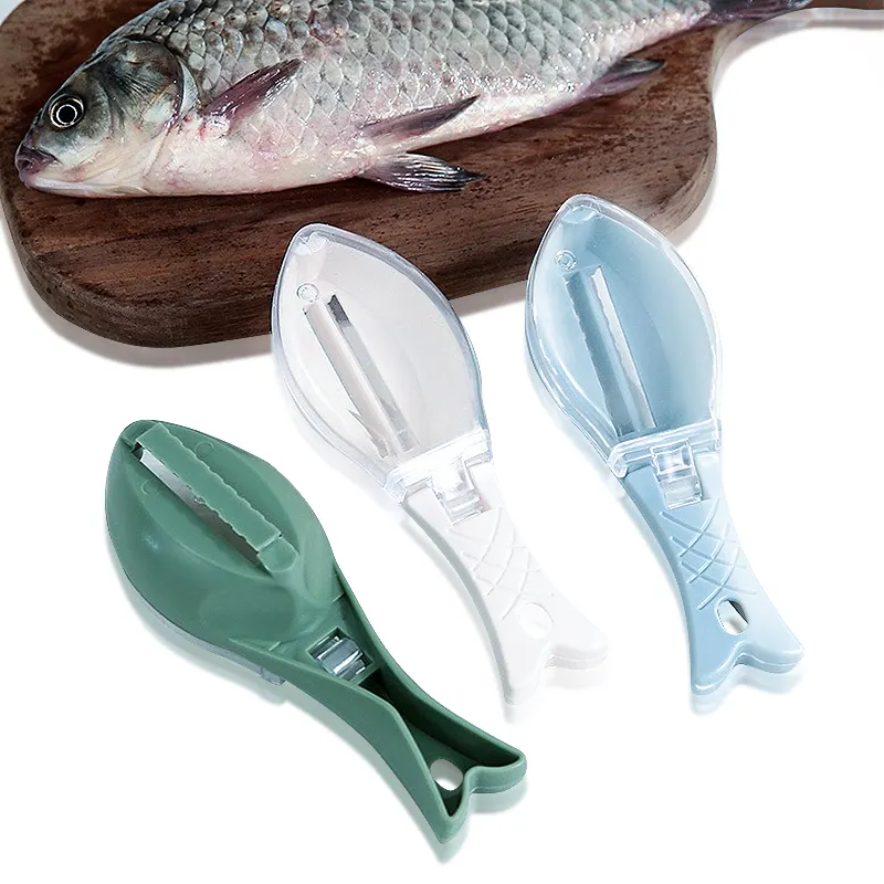 Usine en gros Gadgets de cuisine pratique écailles de poisson rabot avec couvercle manuel écailles de poisson grattoir outil Logo personnalisé Opp sac PS