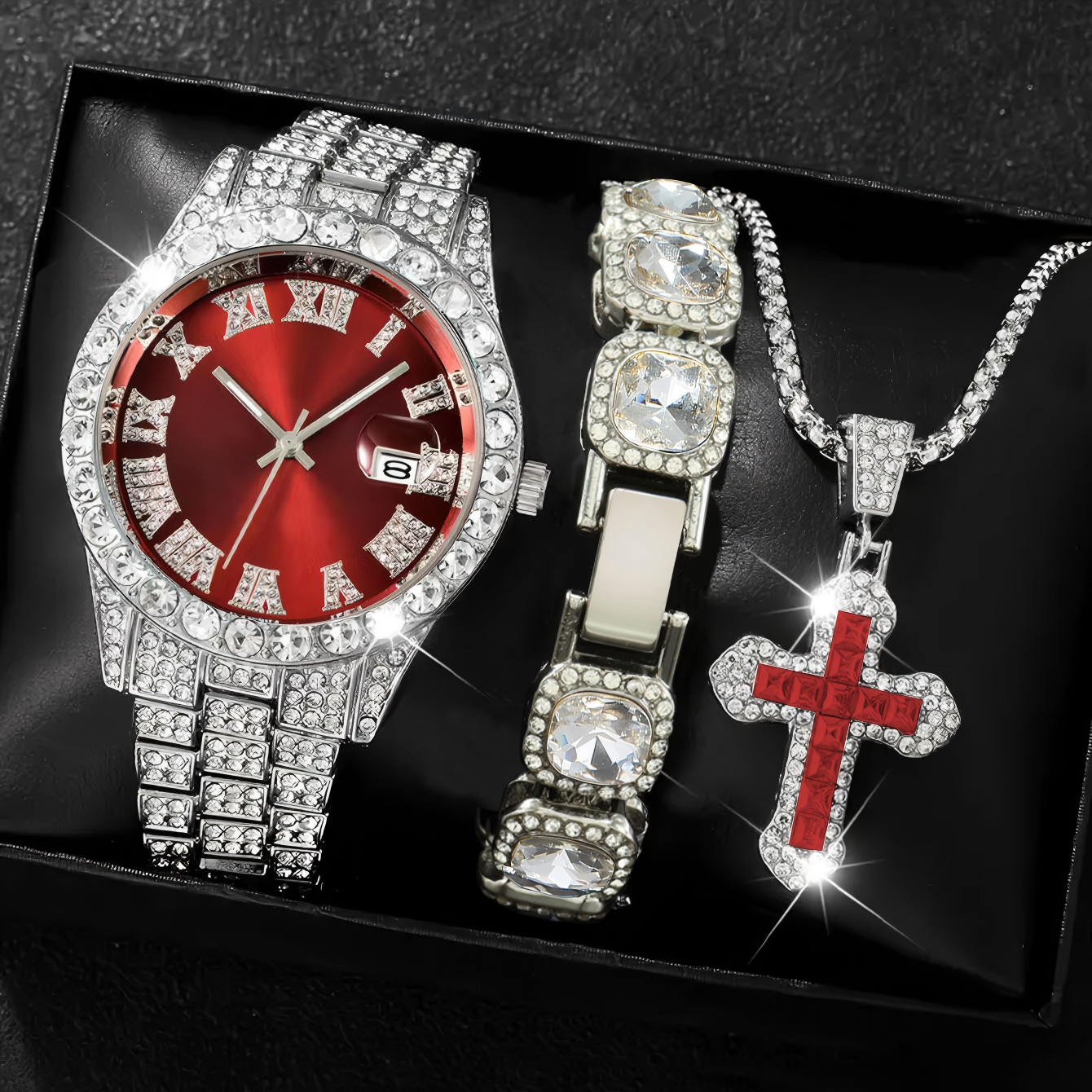 Silver red watch + silver white bracelet + silver red necklace