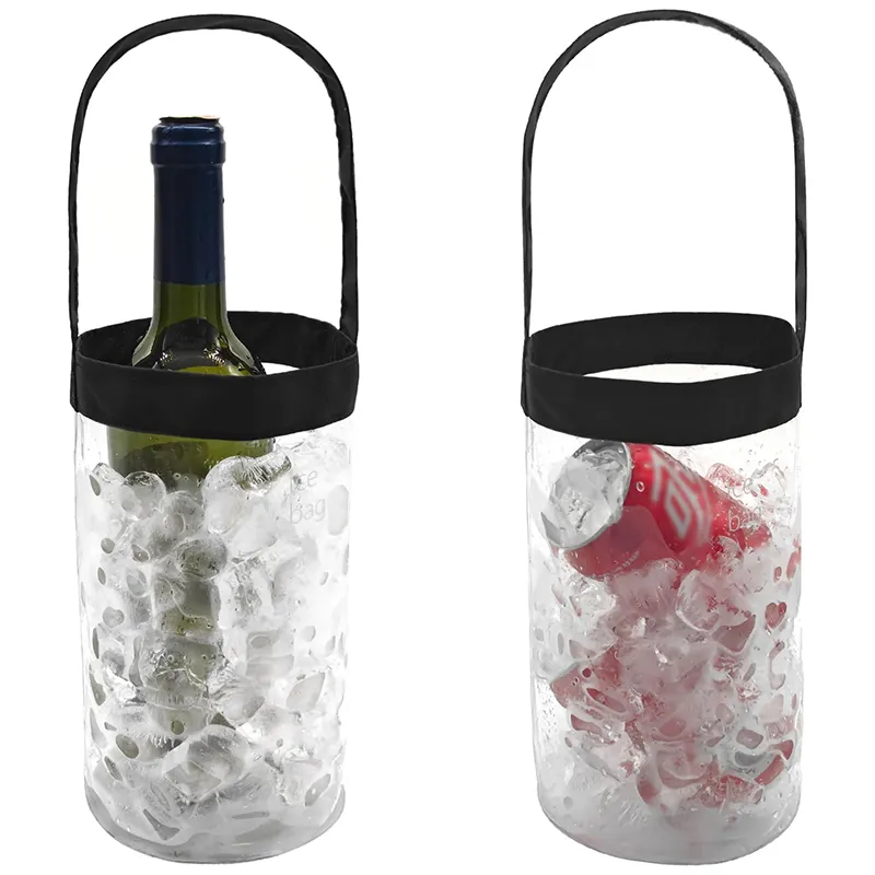 Round Safe PVC Wine Bottle Chiller Ice Bucket Ice Wine Bag Portable Collapsible Clear Wine Pouch Cooler With Nylon Handle