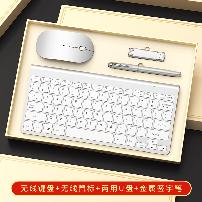 คีย์บอร์ดสีเงิน + เมาส์ + ไดรฟ์ USB + ปากกา