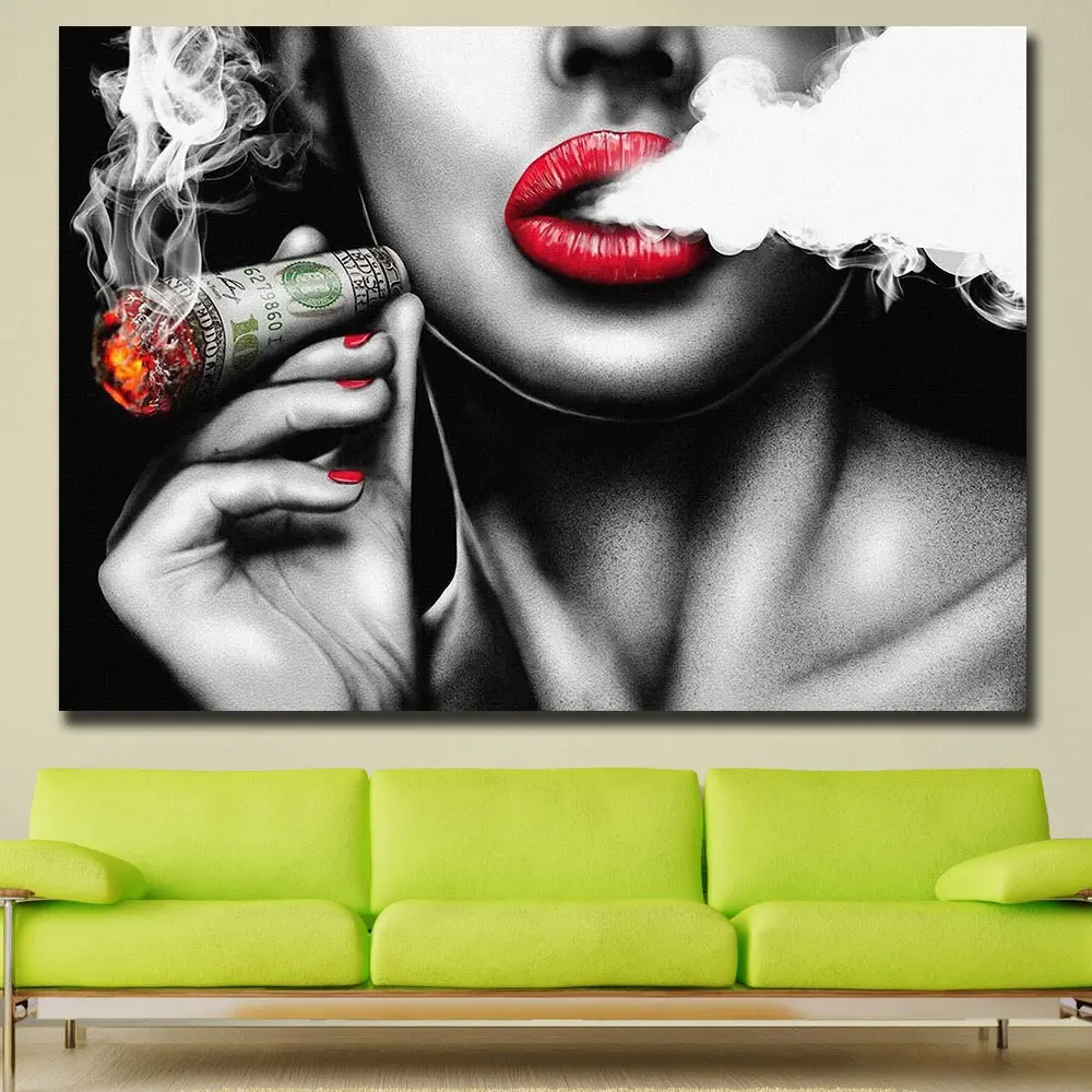 Nero bianco Sexy fumo donna viso stampe su tela moderna Poster da parete su tela immagini pittura murale su tela