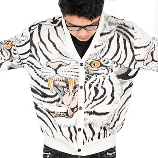 Custom High Street Full Tiger Jacquard knitwear Oversized Cardigan Sweatshirts Cotton Knitted Sweater For Men and Women