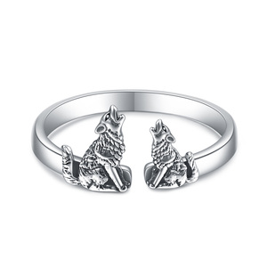 Retro Animal Two <strong>Wolf</strong> 925 Sterling Silver Open Ring for Women Men - Product Image 1