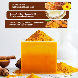 Private Label 100% organik cilt zerdeçal bal sabun beyazlatma parlatıcı geliştirmek Tumeric + kojic zerdeçal sabun aydınlatmak