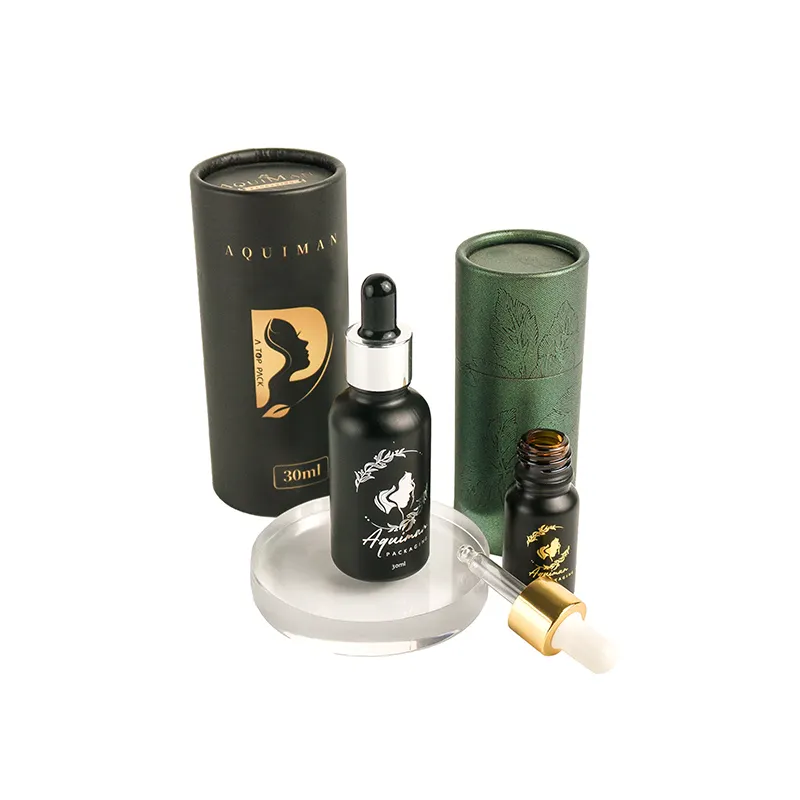 Embalagem de óleo essencial de luxo, 5ml 10ml 15ml 30ml 50ml 100ml, garrafa de vidro fosca, serum cbd preto, com caixa