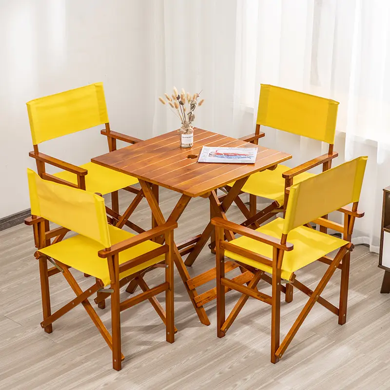 Venta al por mayor de Muebles personalizados baratos para el hogar, jardín, restaurante, conjunto de mesa de comedor de madera plegable al aire libre y sillas de director