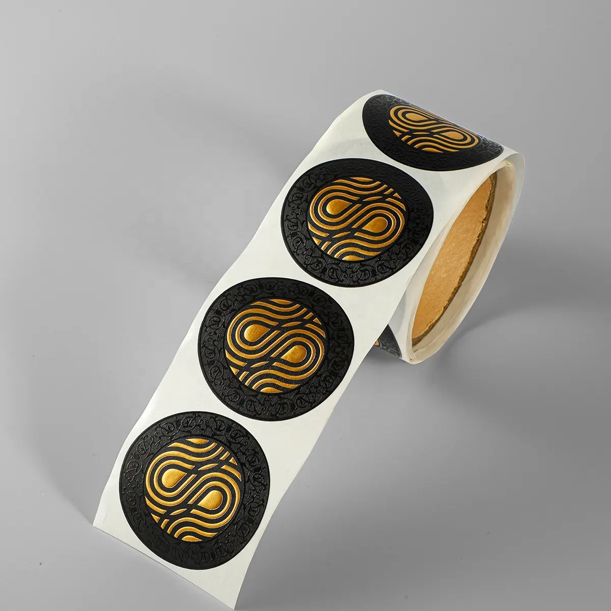 Rouleau d'autocollant personnalisé de luxe en papier gaufré avec feuille d'or pour cadeau, logo de marque, adhésif transparent, rond