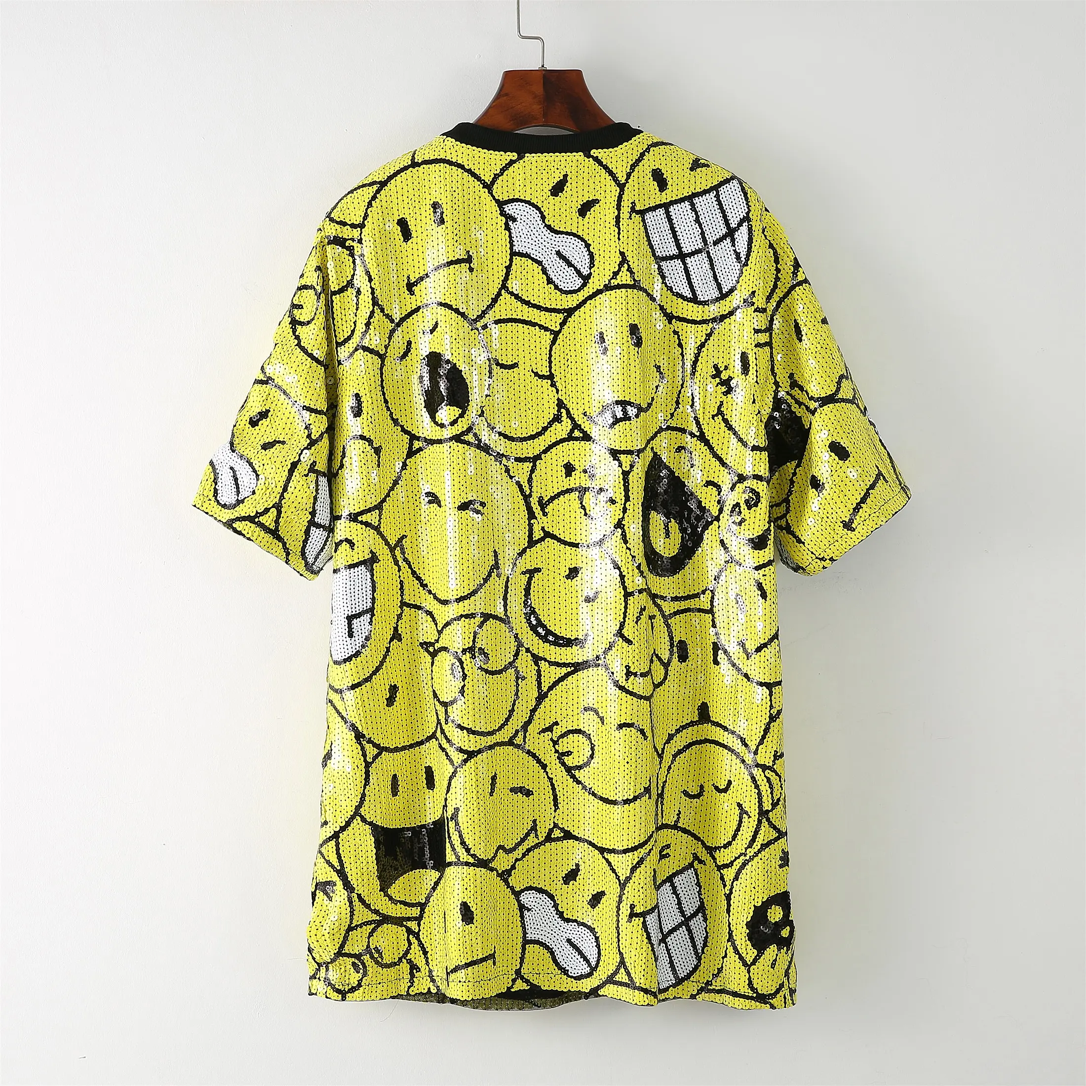 Camiseta con cara sonriente de lentejuelas para mujer Mini vestido Túnica Regular Talla única Amarillo