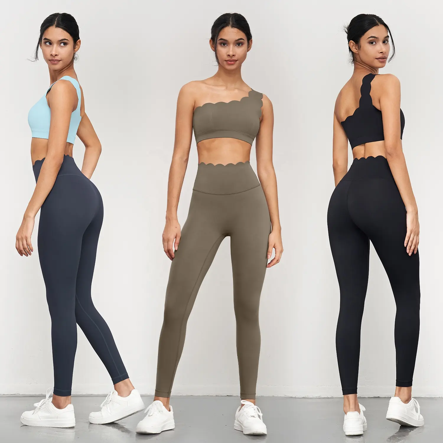 Ensemble 2 pièces en forme de pétoncle Leggings de yoga Soutiens-gorge de gymnastique à une épaule Ensembles de sport de fitness