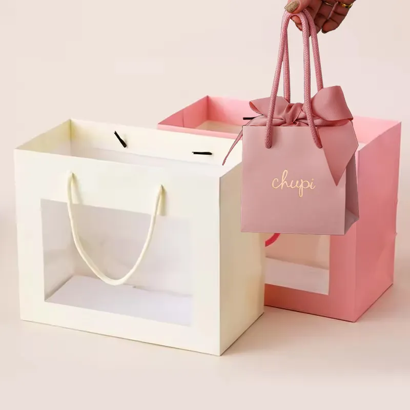 Design Logo personalizzato stampa gioielli fiore imballaggio negozio di nozze piccoli sacchetti regalo di carta di lusso con maniglie trasparente finestra