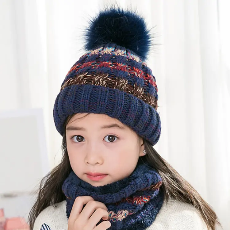 F-4972 nuovo di modo di inverno delle ragazze del ragazzo crochet costine maglia cappelli interno in pile di pelliccia pom pom bambini berretti cappelli con la sciarpa