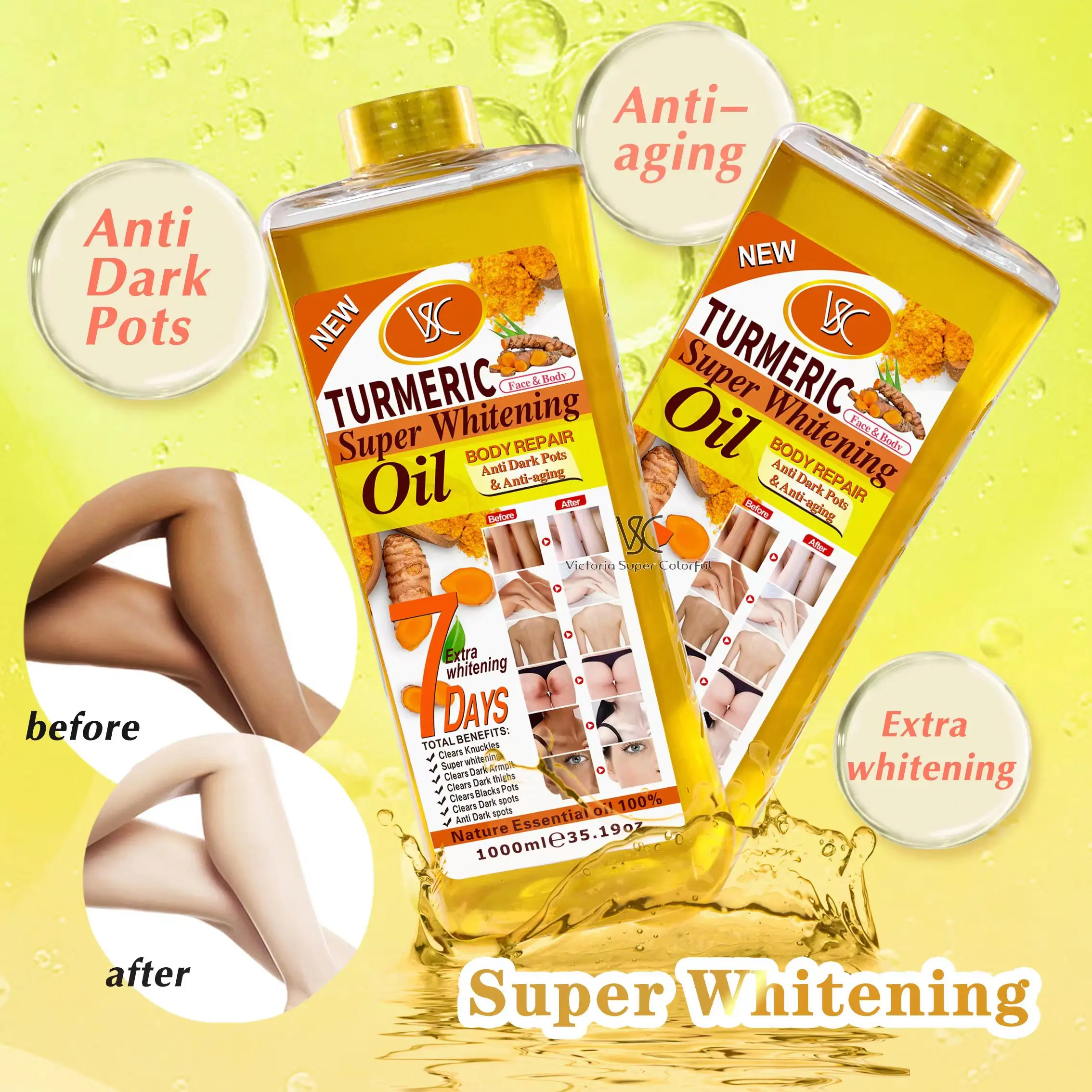 Vente en gros d'huile de curcuma biologique pure HUILE SUPER BLANCHISSANTE Anti-âge pour la peau Soin éclaircissant pour les taches brunes Huile de massage dorée