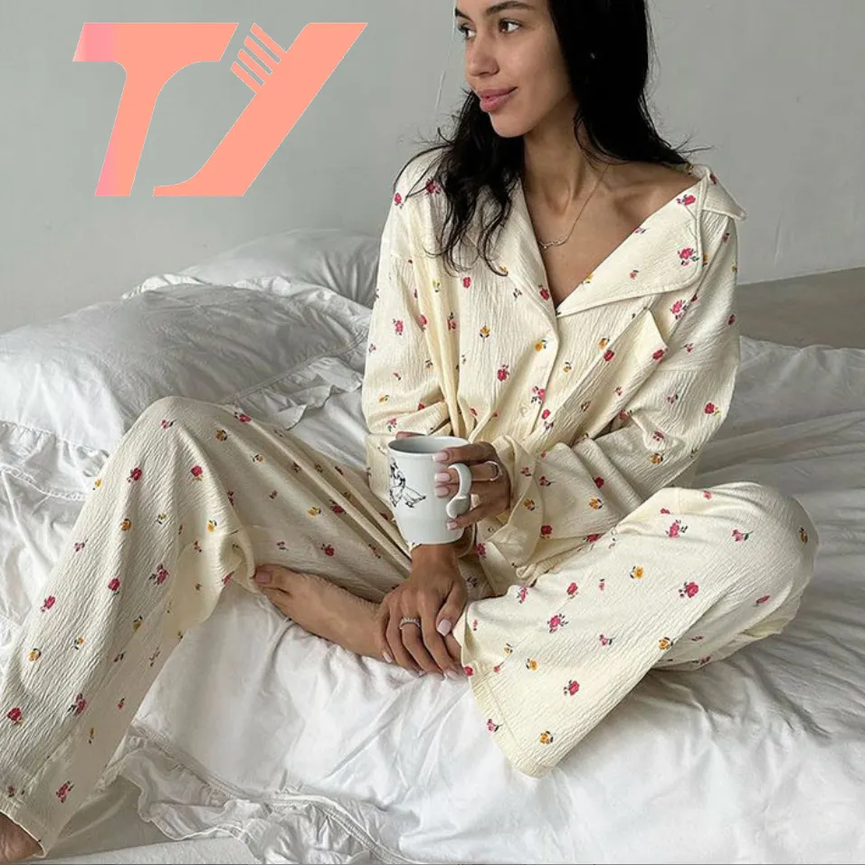 TUOYI, ropa de casa holgada para mujer, conjuntos de 2 piezas, ropa de dormir de manga larga estampada, trajes de algodón para mujer con pantalones cortos, pijamas informales de verano