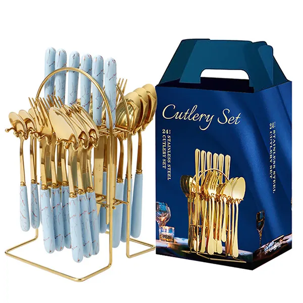 Ensemble de vaisselle en acier inoxydable, vente en gros, poignée en céramique bleue, boîte d'emballage de couteaux, cuillères et fourchettes de style nordique, 24 pièces