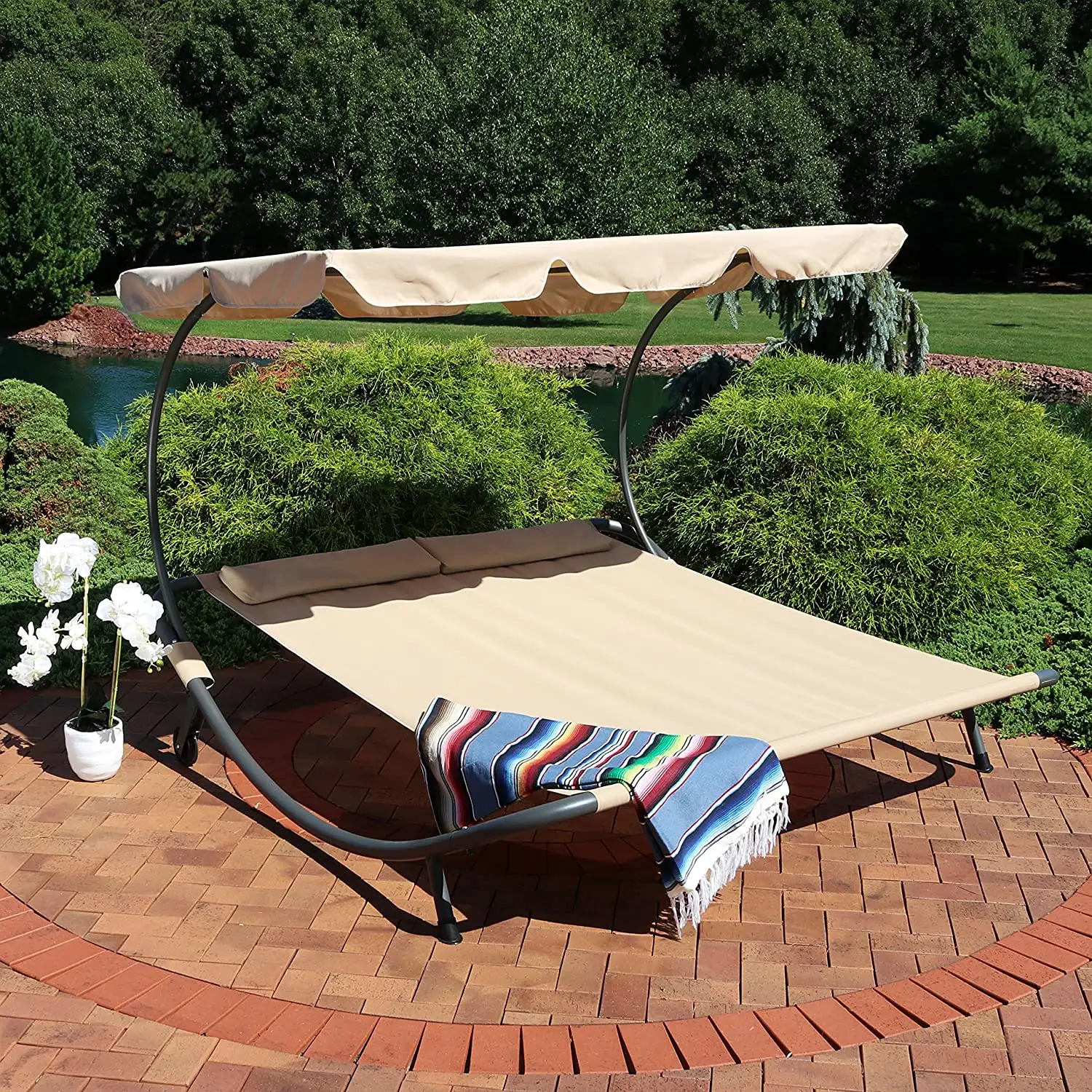 patio swing outdoor furniture garden double sunbed tanning swimming pool sun lounger bed with canopy