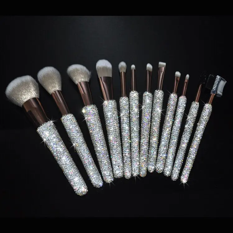 Handmade Professional Glitter Cosmetic Tools Kit 12pcs Crystal Diamond Foundation Makeupbrush Set with Rhinestones