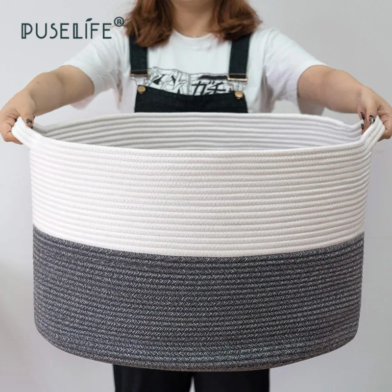PUSELIFE – grand panier de rangement pour la maison avec poignée, panier à linge tissé en corde de coton