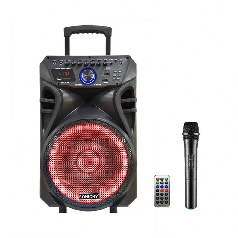 Altoparlante per carrello in legno per Karaoke all'aperto Subwoofer con microfono Wireless digitalizza altoparlanti Usb tirante 60W