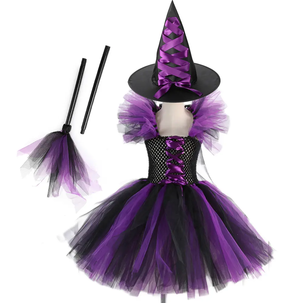 Evil Witch Halloween Girls Tutu Dress With Witch Hat Children Fancy Purim Pageant Birthday Party Costume Kids Prom Ball Gown